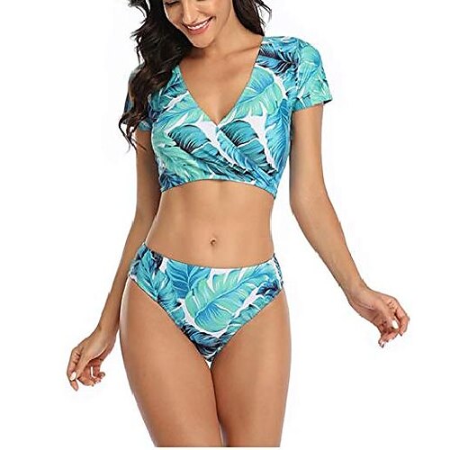 

women short sleeve deep v feather leopard print swimsuit tankini swimwear green
