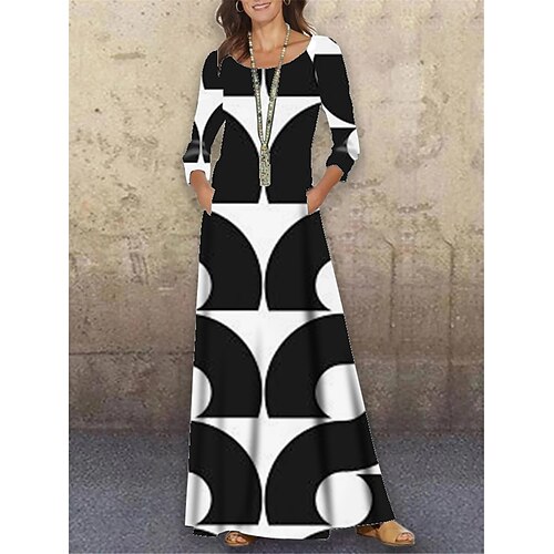 

Women's Shift Dress Long Dress Maxi Dress Black White 3/4 Length Sleeve Geometric Print Winter Fall Autumn Crew Neck S M L XL XXL 3XL