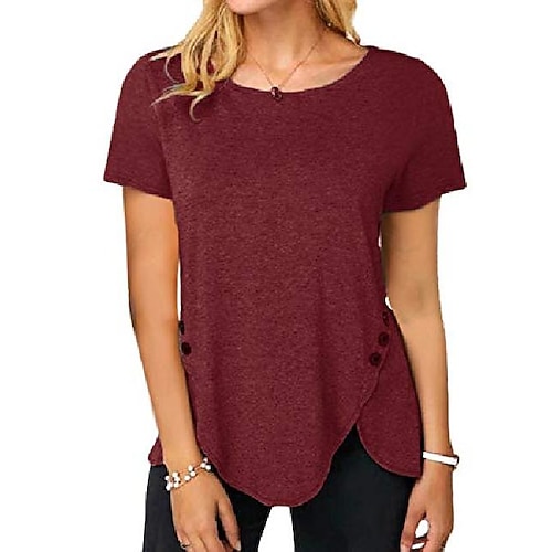 

soteer womens shirts casual tee shirts short sleeve button side loose fits tunics top blouses wine red