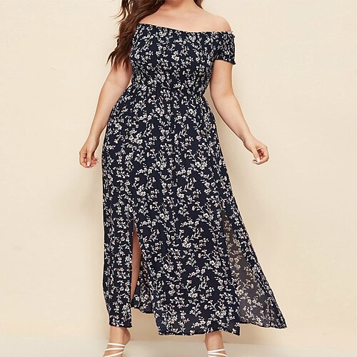 

Women's Plus Size Holiday Dress Floral One Shoulder Short Sleeve Spring Summer Hot Maxi long Dress Causal Dress