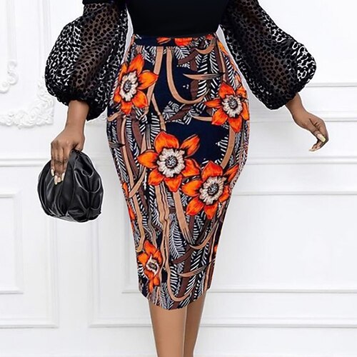 

Women's Fashion Calf-Length Skirts Vacation Casual / Daily Floral / Botanical Split Pink Orange S M L