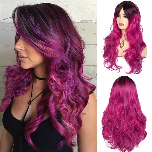 

Pink Wigs for Women C101 Ombre Wig Colourful Mixed Pink Green Blue Long Wavy Curly Wig with Dark Roots Synthetic Hair for Women Middle Parting Cosplay Halloween Carnival Wig 19.5 Inches