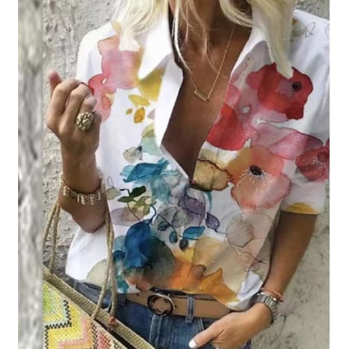 

Women's Floral Theme Blouse Shirt Floral Graphic Tie Dye Print Shirt Collar Basic Casual Tops Blue Red