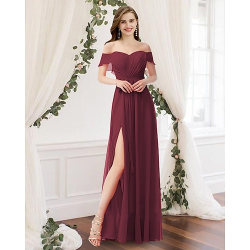 

A-Line Bridesmaid Dress Off Shoulder Sleeveless Elegant Floor Length Chiffon with Pleats / Split Front 2022