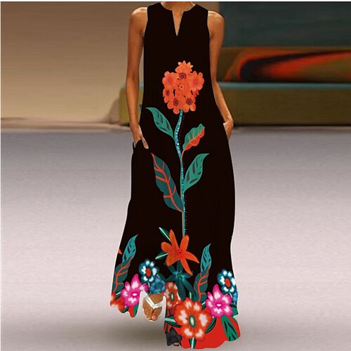 

Women's Shift Dress Long Dress Maxi Dress Orange flower Red flower Golden Flower Sleeveless Spring Summer S M L XL XXL XXXL