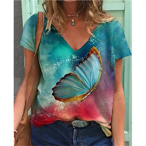 

Women's T shirt Tee Blue Butterfly Short Sleeve Home Daily Basic V Neck Regular S / 3D Print