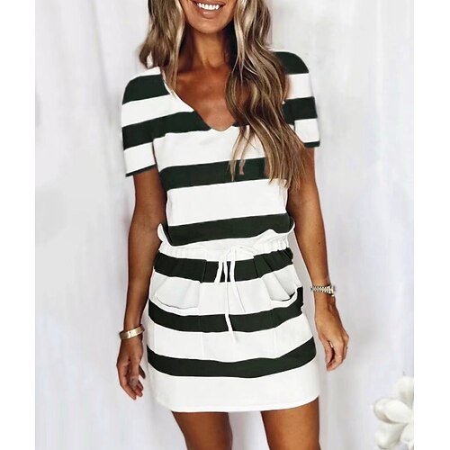 

Women's A Line Dress Short Mini Dress Light Blue Green Black Pink Dark Green Navy Blue Short Sleeve Stripes Modern Style Summer V Neck Casual 2022 Increase XXXL S M L XL XXL XXXL
