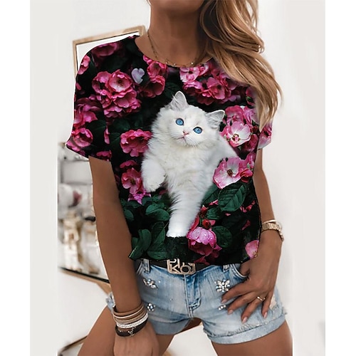 

Women's T shirt Tee Pink Floral Cat Print Short Sleeve Daily Weekend Basic Round Neck Regular Floral 3D Cat S