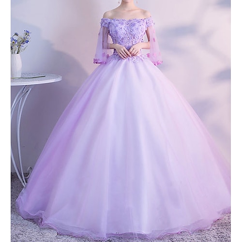 

Ball Gown Elegant Floral Quinceanera Formal Evening Dress Off Shoulder Half Sleeve Floor Length Tulle with Appliques 2022