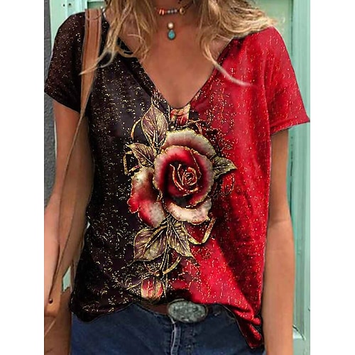 

Women's T shirt Tee Purple Orange Red Floral Plants Short Sleeve Daily Basic V Neck Regular Floral S / 3D Print