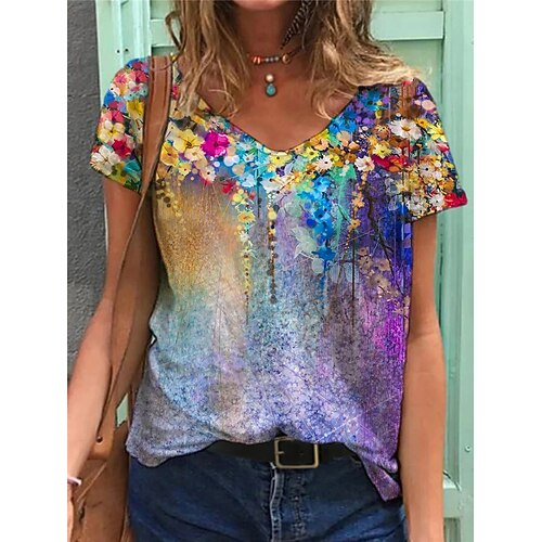 

Women's T shirt Tee Rainbow Floral Plants Short Sleeve Daily Basic V Neck Regular S / 3D Print