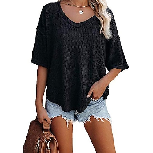 

harglesman womens ladies summer v neck shirts half sleeve waffle knit tops loose flowy tunic blouses office fashion 2021 black s