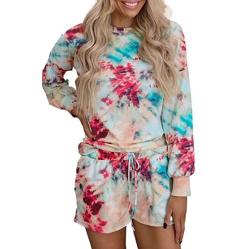

Women's Loungewear Sets Nighty 2 Pieces Tie Dye Fashion Sport Simple Home Street Daily Polyester Breathable Gift Crew Neck Long Sleeve Shorts Elastic Waist Belt Included Fall Spring Red / Drawstring