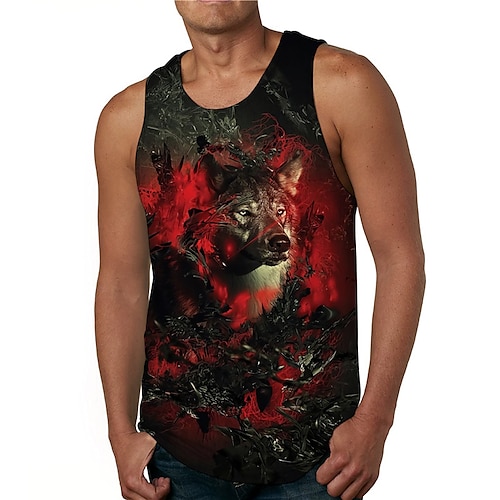 

Men's Tank Top Undershirt Wolf Graphic Prints Round Neck Red 3D Print Daily Holiday Sleeveless Print Clothing Apparel Designer Casual Big and Tall / Summer / Summer