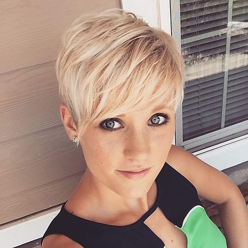 

Short Pixie Cut Layered Wig with Bangs Synthetic Dark Roots Fluffy Full Replacement Hair for White Women Ash Blonde Lowlight with Root