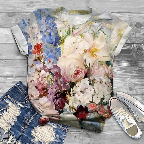 

Per donna Taglia grossa Top maglietta Floreale Pop art Stampa Manica corta Girocollo Florale Collegiale San Valentino Casual Giornaliero Jersey di cotone spandex Primavera Estate Blu Rosa / Plus Size