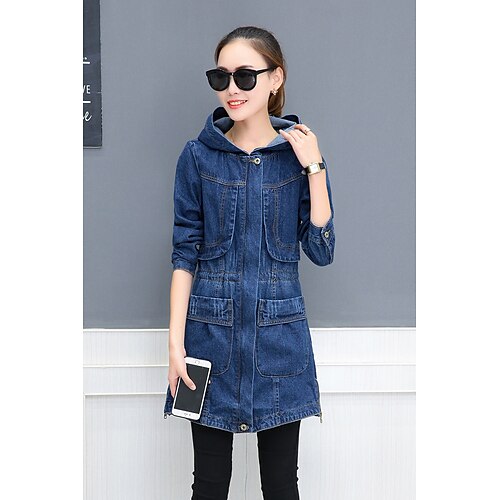 

Women's Jacket Denim Jacket Long Pocket Coat Denim Blue Basic Essential Casual Fall Hooded Regular Fit S M L XL 2XL 3XL / Daily / Windproof / Solid Color