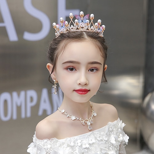 

Kids Baby Girls' Crown Headdress Necklace Three-Piece Pearl Super Fairy Headband Catwalk Show Host Princess Jewelry