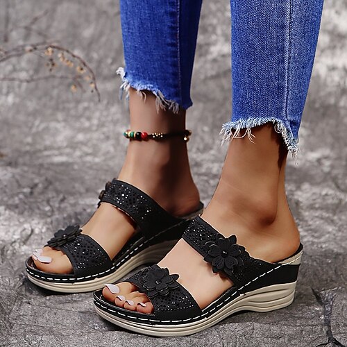 

Women's Sandals Wedge Sandals Wedge Heels Comfort Shoes Flower Wedge Heel Round Toe Open Toe Casual Daily Work Outdoor Walking Shoes PU Leather Loafer Summer Solid Colored Black Purple Brown