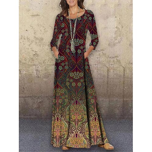 

Women's Shift Dress Long Dress Maxi Dress Brown 3/4 Length Sleeve Floral Print Winter Fall Autumn Crew Neck S M L XL XXL 3XL