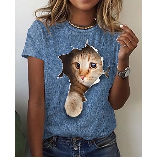 Kaufen Damen 3D Cat Farbe T-Shirt Katze Grafik 3D Bedruckt Rundhalsausschnitt Grundlegend Vintage Oberteile Blau Weiß Schwarz / 3D-Druck. Bild