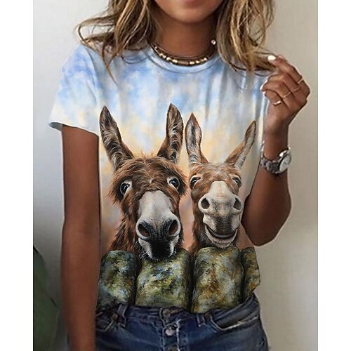 

Women's T shirt Tee Brown Animal 3D Print Short Sleeve Daily Weekend Basic Round Neck Regular 3D Printed Painting S