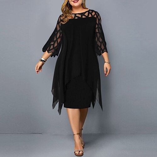 

Women's Plus Size Sheath Dress Solid Color Round Neck Mesh 3/4 Length Sleeve Spring Summer Work Vintage Knee Length Dress Date Work Dress