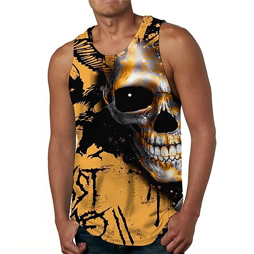 

Men's Tank Top Undershirt Skull Graphic Prints Crew Neck Yellow 3D Print Daily Holiday Sleeveless Print Clothing Apparel Designer Casual Big and Tall / Summer / Summer