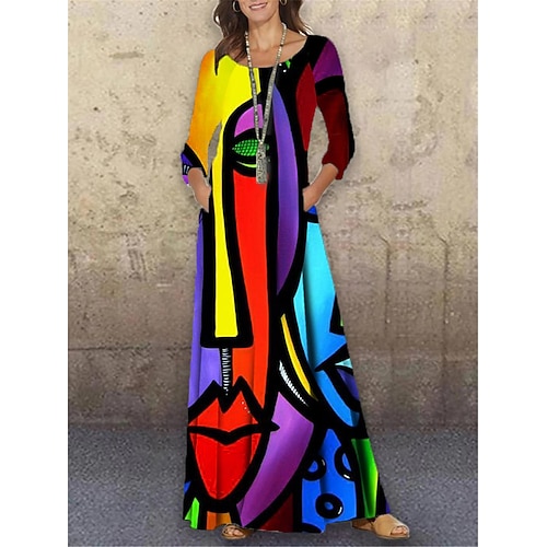 

Women's Shift Dress Long Dress Maxi Dress Purple 3/4 Length Sleeve Color Block Print Winter Fall Autumn Crew Neck S M L XL XXL 3XL