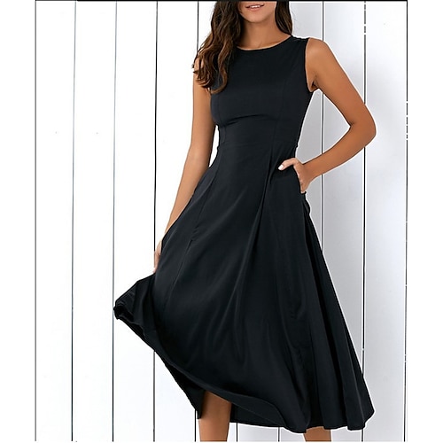 

Dame Hverdagskjole Midikjole Sort Uden ærmer Ren farve Lomme Sommer Forår Rund hals Elegant 2023 S M L XL XXL XXXL 4XL 5XL