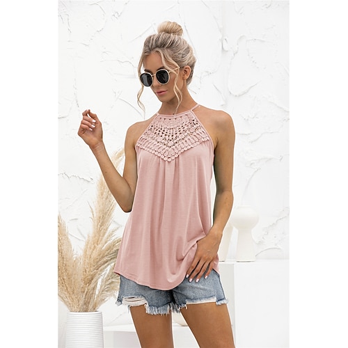 

Women's Camisole Vest Green Blue Pink Plain Patchwork Cut Out Sleeveless Daily Weekend Basic Streetwear Halter Neck Regular Slim S