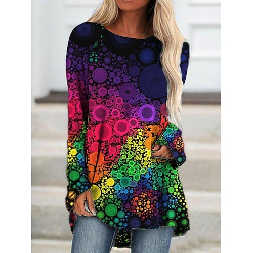 

Women's T shirt Tee Tunic Rainbow Orange Color Gradient Scenery Print Long Sleeve Daily Going out Basic Round Neck Long Loose Fit Abstract Portrait S