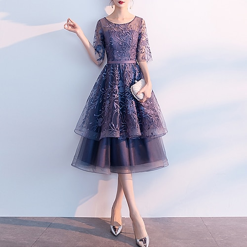 

A-Line Elegant Floral Party Wear Cocktail Party Dress Jewel Neck Half Sleeve Tea Length Tulle with Sash / Ribbon Tier 2022