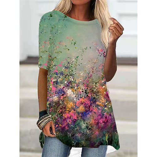 

Women's T Shirt Dress Tee Dress Mini Dress Green Blue Red Half Sleeve Floral Print Fall Spring Crew Neck Boom Sale Dress S M L XL XXL 3XL