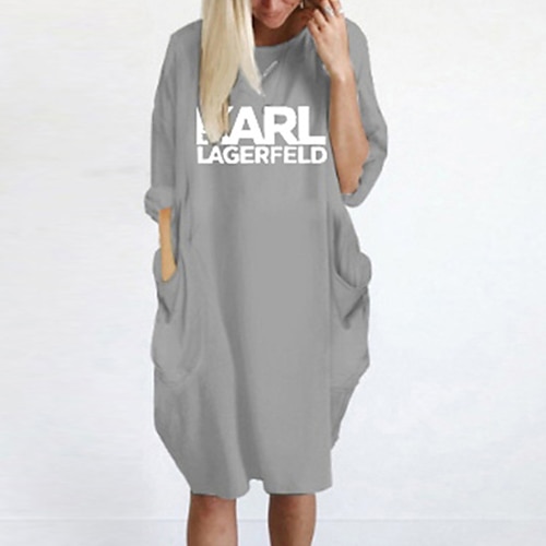 

Women's T Shirt Dress Tee Dress Knee Length Dress Blue White Black Gray Long Sleeve Fall Letter Pocket Spring Summer Round Neck Casual 2022 S M L XL XXL 3XL 4XL 5XL / Loose