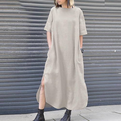 

Women's Casual Dress Shift Dress Long Dress Maxi Dress Green Red Wine Dark Blue Half Sleeve Pure Color Pocket Fall Spring Autumn Crew Neck Loose Fit Linen S M L XL XXL XXXL 4XL 5XL