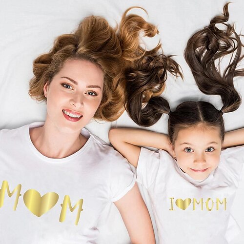 

Mommy and Me T shirt Tops Cotton Heart Letter Daily Print White Black Gray Short Sleeve Daily Matching Outfits / Summer