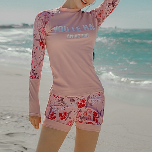 

Women's Rashguard Swimsuit Nylon Swimwear Bathing Suit UV Sun Protection UPF50 Breathable Stretchy Long Sleeve 2 Piece - Swimming Surfing Floral / Botanical Autumn / Fall Spring Summer / Quick Dry