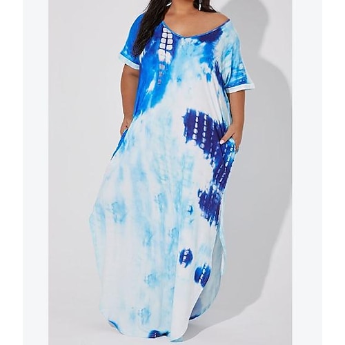 

Women's Plus Size Holiday Dress Tie Dye V Neck Short Sleeve Spring Summer Casual Sexy Maxi long Dress vacation dresses Dress / Loose Fit