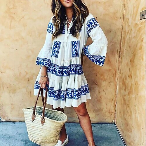 

vestido casual feminino vestido midi manga 3/4 babado geométrico inverno outono outono decote v casual 2023 s m l xl xxl xxxl