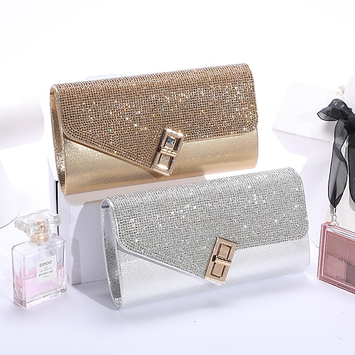 

Women's 2022 Chain Bag Evening Bag Polyester Crystals Chain Solid Color Glitter Shine Party Wedding Silver Gold