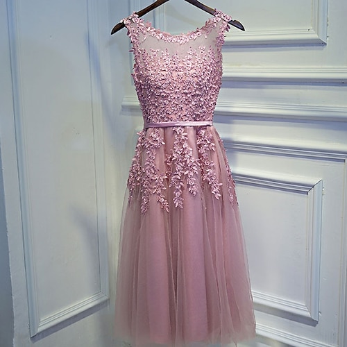 

A-Line Cute Formal Evening Dress Jewel Neck Sleeveless Short / Mini Lace with Beading Appliques 2022