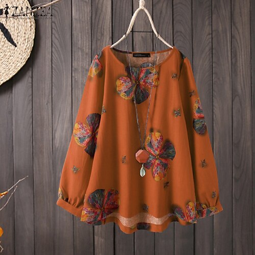

Women's Plus Size Tops Shirt Print Long Sleeve Round Neck Fall Spring Blue plaid white plaid