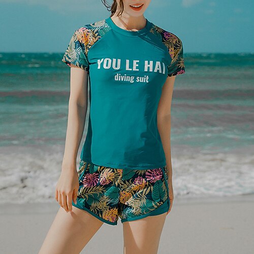 

Women's Rashguard Swimsuit UV Sun Protection UPF50 Breathable Short Sleeve Swimwear Bathing Suit 2 Piece Swimming Surfing Floral / Botanical Summer / Stretchy / Quick Dry / Quick Dry