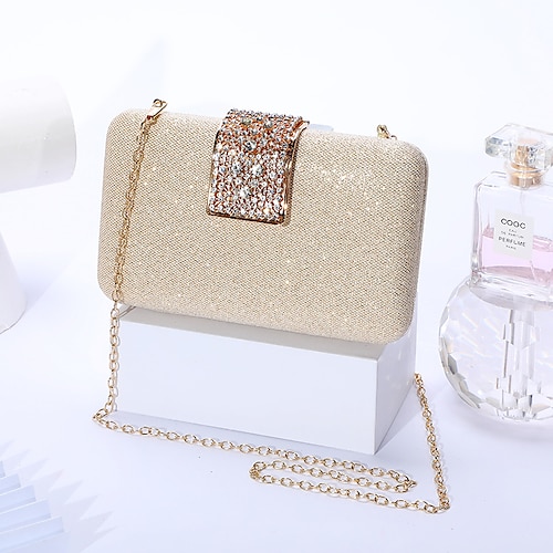 

Women's Chain Bag Evening Bag Polyester Crystals Chain Solid Colored Glitter Shine Party Wedding Black Champagne Silver Gold