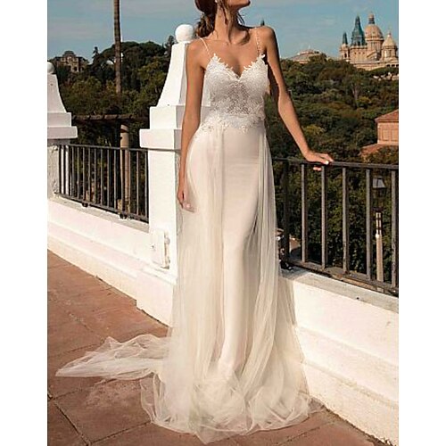 

A-Line Wedding Dresses V Neck Sweep / Brush Train Chiffon Spaghetti Strap Boho Illusion Detail with Lace Insert 2022