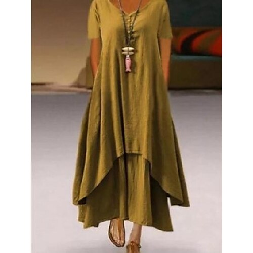 

Women's Long Dress Maxi Dress Chocolate color Black Yellow Short Sleeve Pure Color Layered Spring Summer Crew Neck Weekend 2022 S M L XL XXL XXXL 4XL