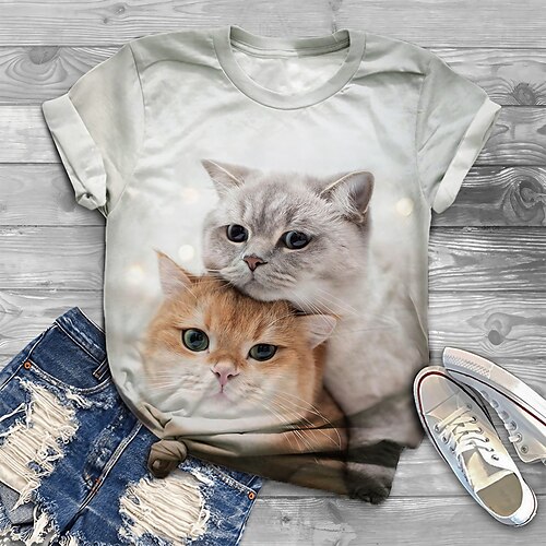 

Dame Pluss størrelse Topper T skjorte Katt Grafisk Trykt mønster Kortermet Crewneck Grunnleggende Daglig Ferie Bomullsspandexjersey Sommer Hvit / Store størrelser / 3D-utskrift / Store størrelser