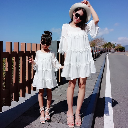 

Mommy and Me Dresses Solid Color Daily Lace Trims White 3/4 Length Sleeve Above Knee Daily Matching Outfits / Summer