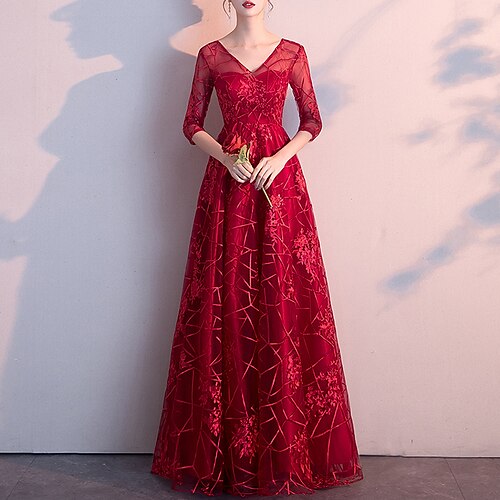 

A-Line Prom Dresses Elegant Dress Engagement Floor Length Half Sleeve V Neck Tulle with Pleats Embroidery 2022